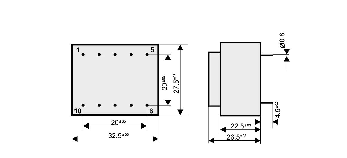 Dimensioned drawing of the 2VA-EI30-15.5 transformer: outline, mounting height, and pin layout
