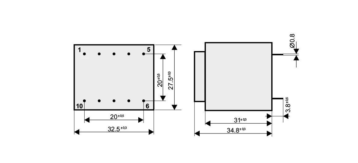 Dimensioned drawing of the 2.6VA-EI30-24 transformer: outline, mounting height, and pin layout