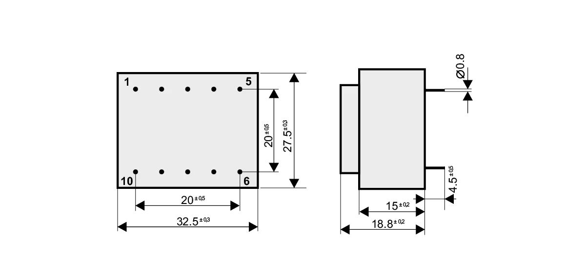 Dimensioned drawing of the 1VA-EI30-8 transformer: outline, mounting height, and pin layout