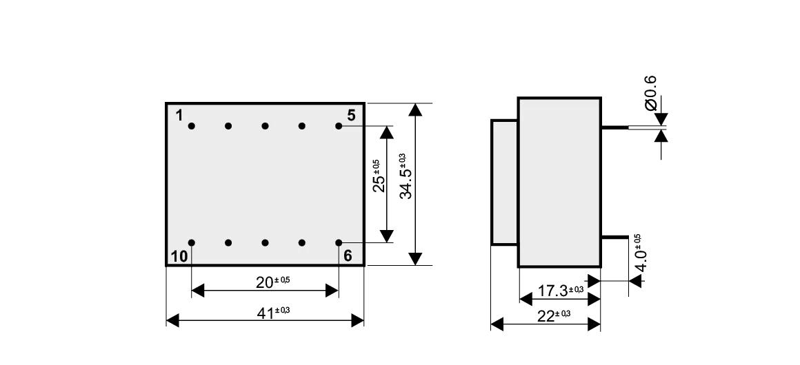 Dimensioned drawing of the 2.5VA-EI38-7.5 transformer: outline, mounting height, and pin layout