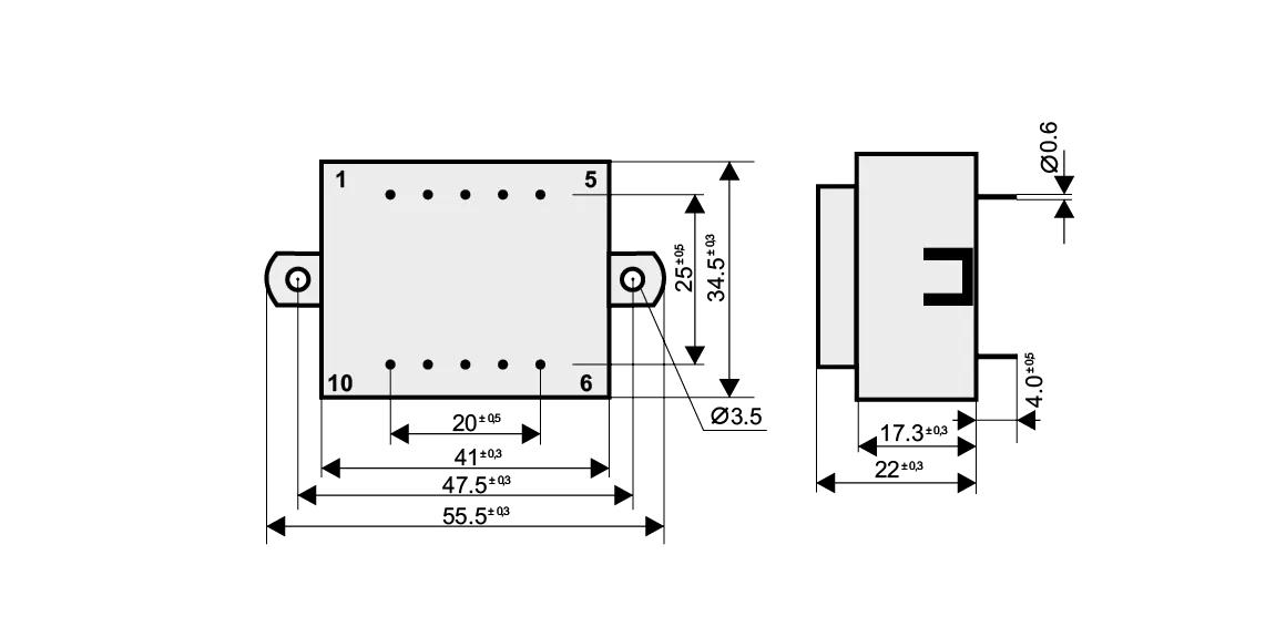 Dimensioned drawing of the 2.5VA-EI38-7.5-K transformer: outline, mounting height, and pin layout
