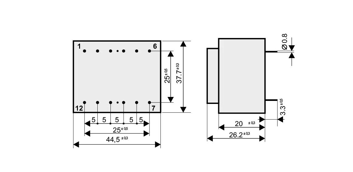 Dimensioned drawing of the 3VA-EI42-8.5 transformer: outline, mounting height, and pin layout