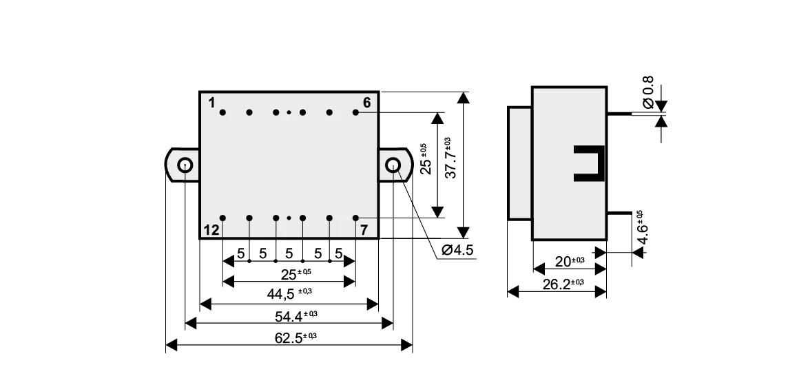 Dimensioned drawing of the 3VA-EI42-8.5-K transformer: outline, mounting height, and pin layout