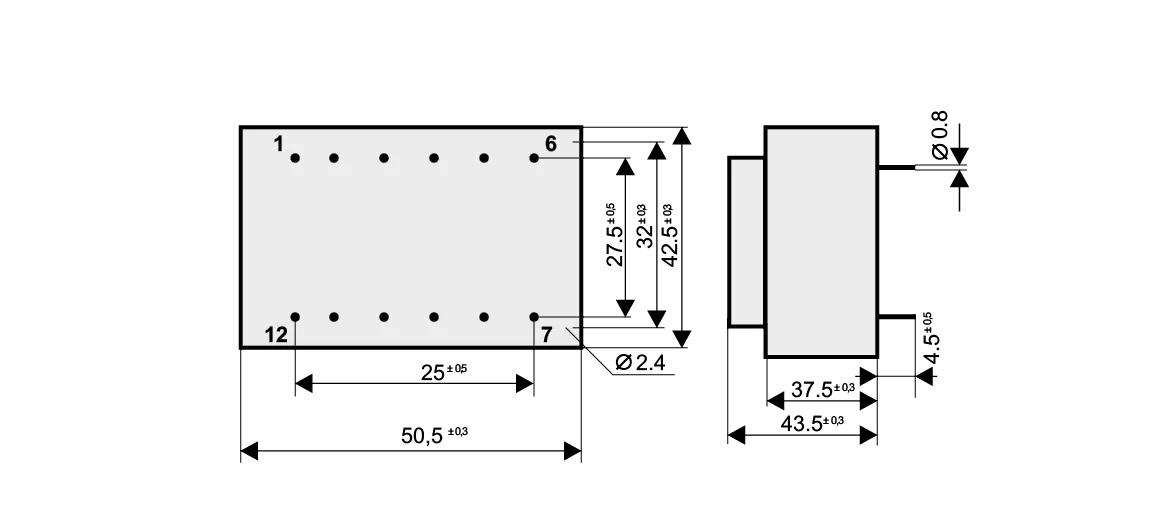 Dimensioned drawing of the 15VA-EI48-25.5 transformer: outline, mounting height, and pin layout