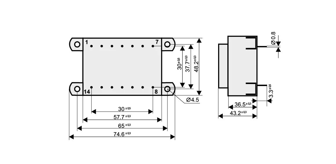 Dimensioned drawing of the 23VA-EI54-23-KK transformer: outline, mounting height, and pin layout