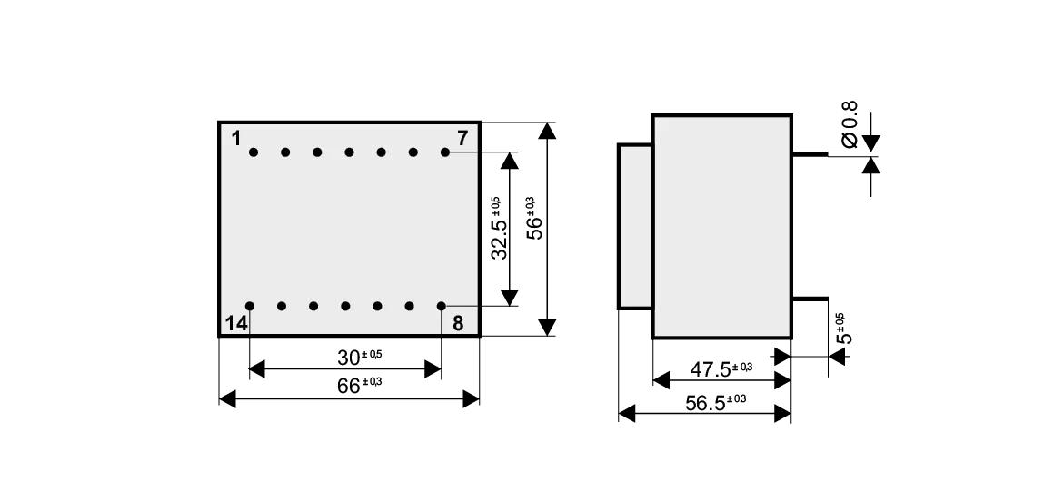 Dimensioned drawing of the 32VA-EI60-30.5 transformer: outline, mounting height, and pin layout