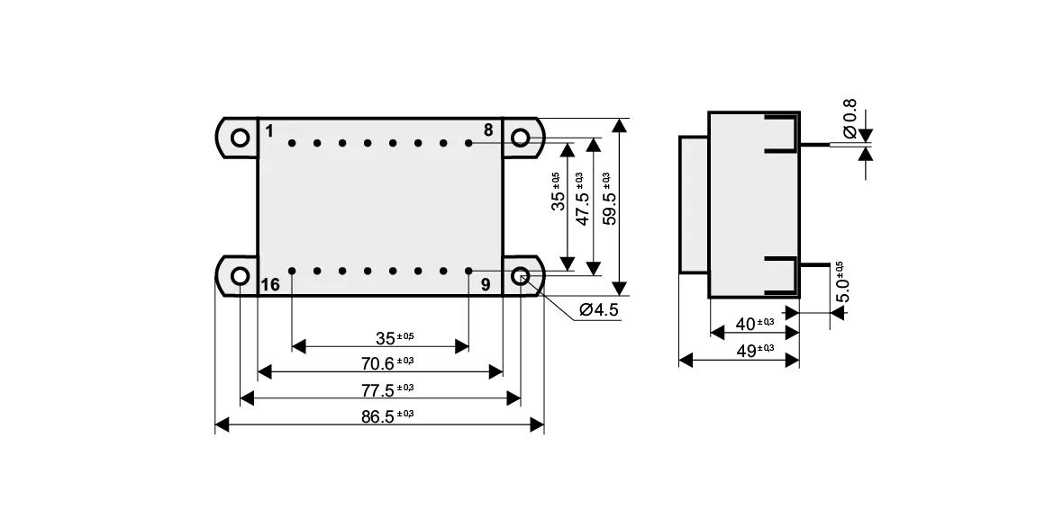 Dimensioned drawing of the 34VA-EI66-23-KK transformer: outline, mounting height, and pin layout