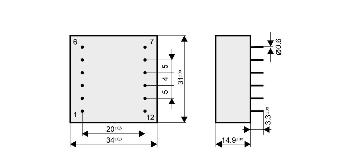 Dimensioned drawing of the 0.8VA-UI21-7.3 transformer: outline, mounting height, and pin layout