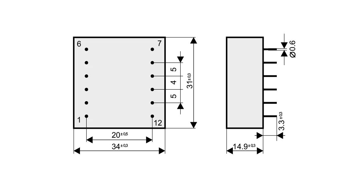 Dimensioned drawing of the 1VA-UI21-7.3 transformer: outline, mounting height, and pin layout