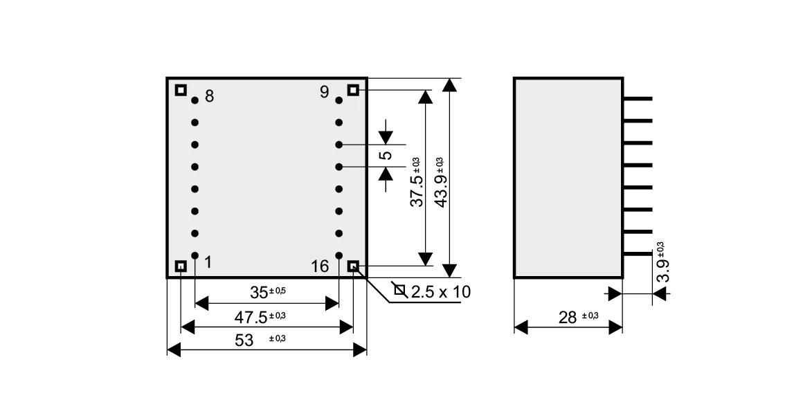 Dimensioned drawing of the 10VA-UI30-16.5 transformer: outline, mounting height, and pin layout