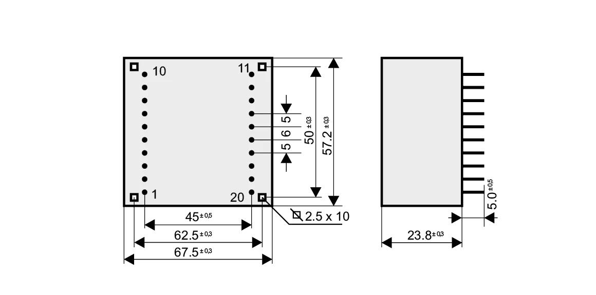 Dimensioned drawing of the 14VA-UI39-10.2 transformer: outline, mounting height, and pin layout