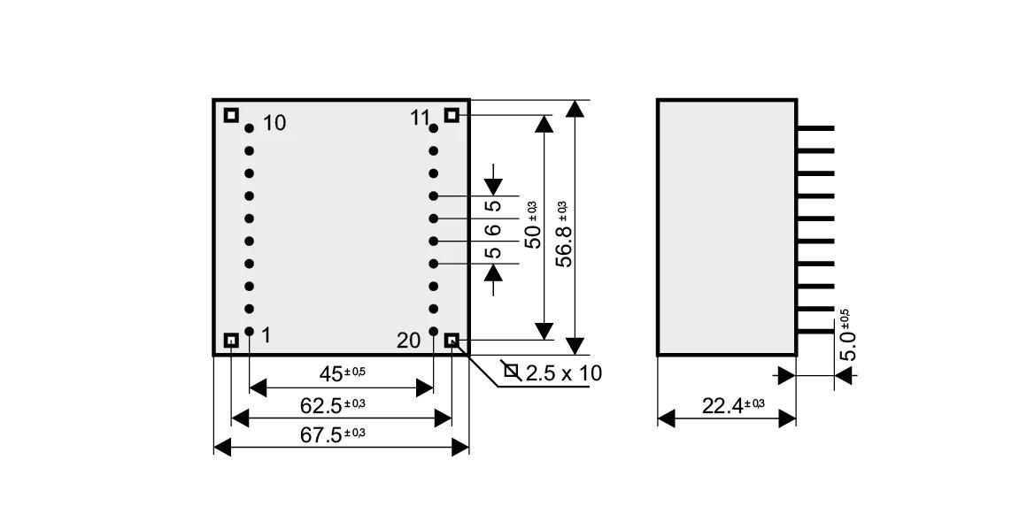 Dimensioned drawing of the 10VA-UI39-8 transformer: outline, mounting height, and pin layout