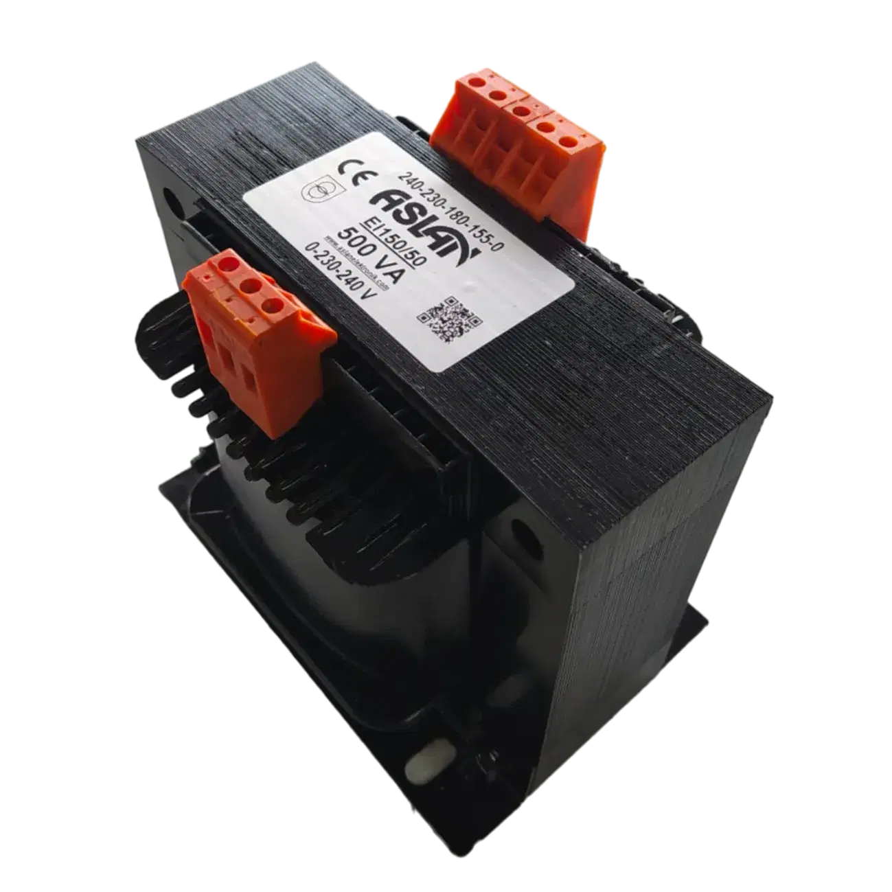A 500 VA Aslan control transformer on an EI core, with screw terminal blocks and foot-bracket mounting