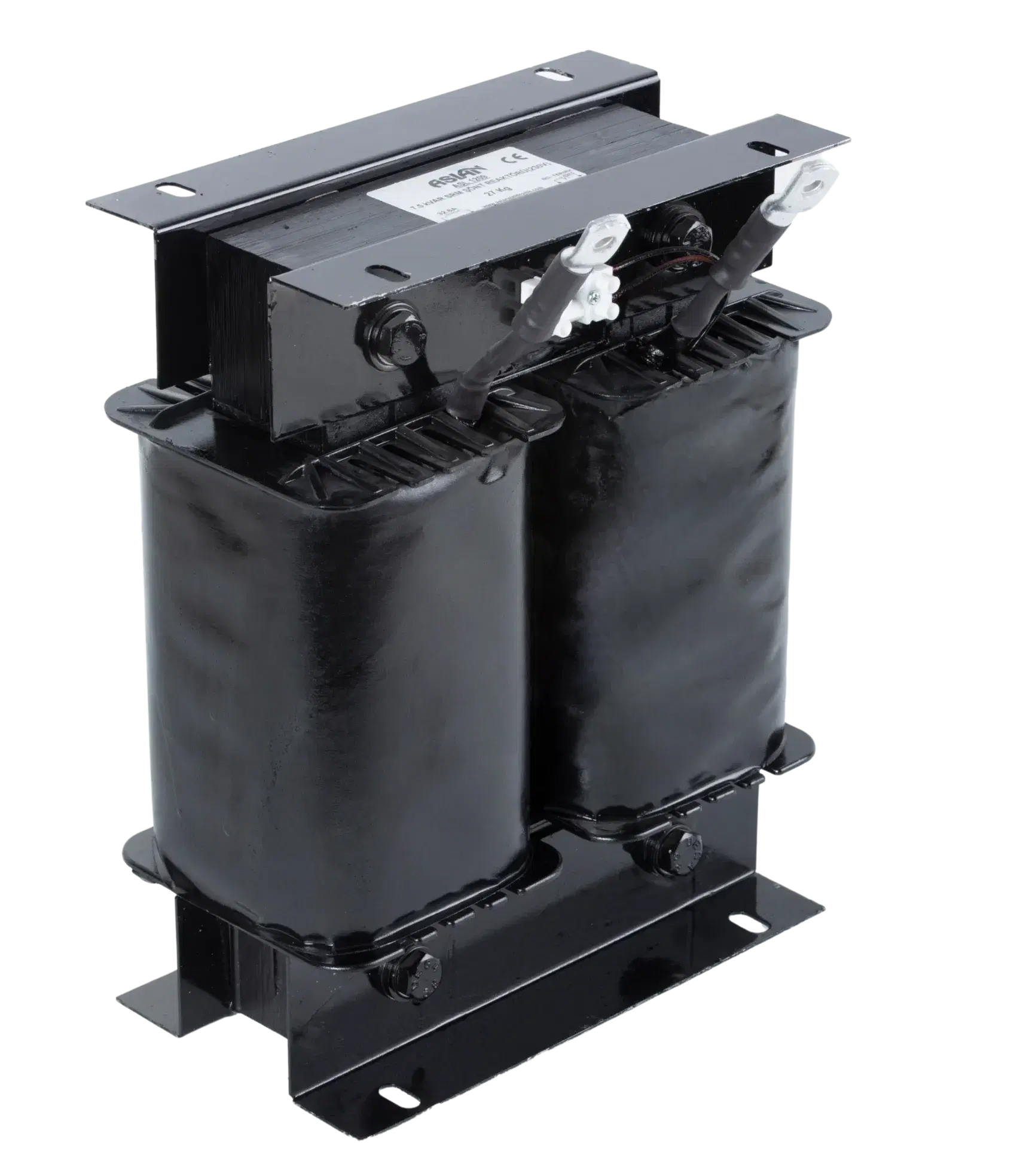 A 7.5 kVAR single-phase Aslan shunt reactor with bolted terminals and mounting feet