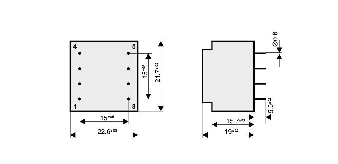 Dimensioned drawing of the 0.5VA-EE20-10.5 transformer: outline, mounting height, and pin layout