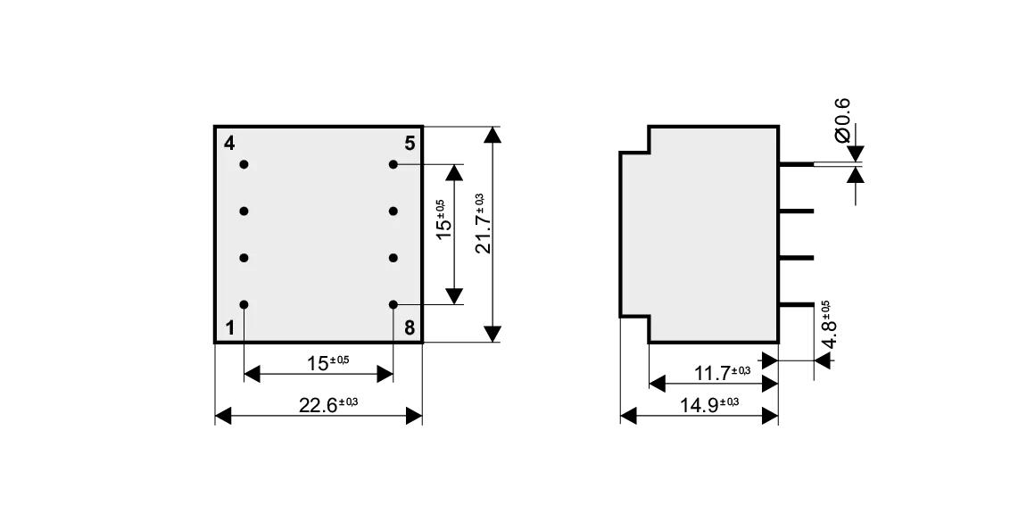Dimensioned drawing of the 0.35VA-EE20-6.1 transformer: outline, mounting height, and pin layout