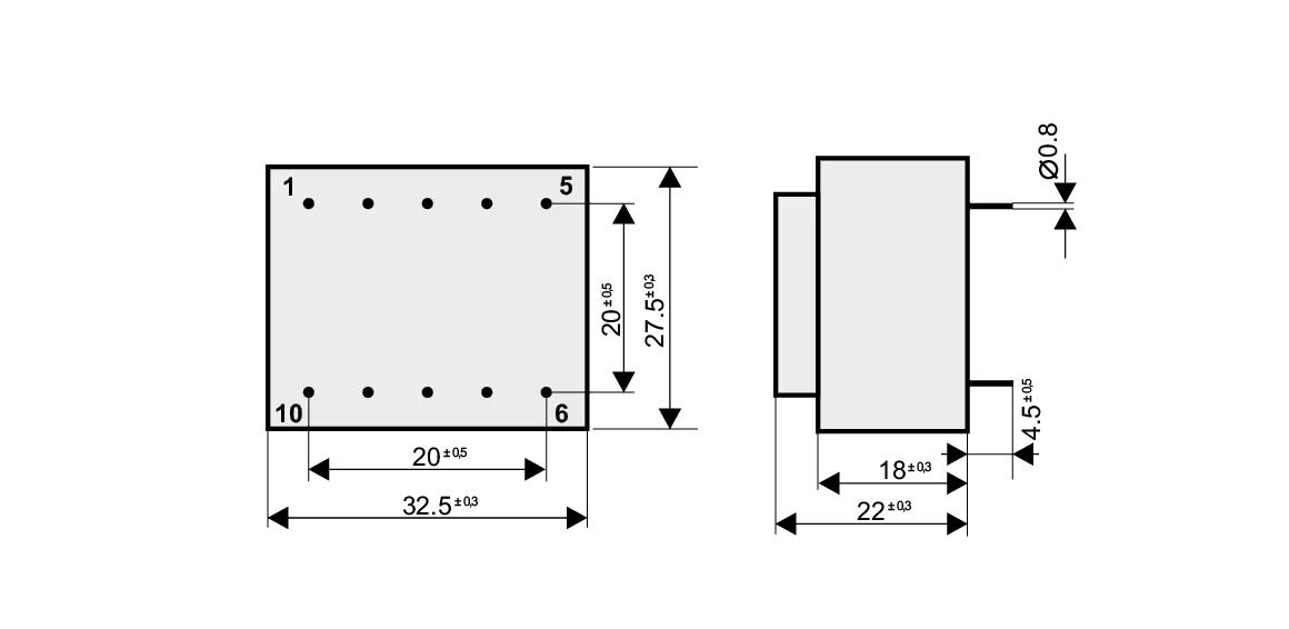 Dimensioned drawing of the 1.2VA-EI30-10.5 transformer: outline, mounting height, and pin layout