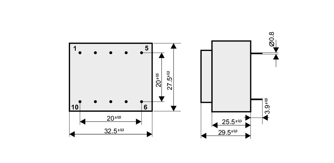Dimensioned drawing of the 2.3VA-EI30-18 transformer: outline, mounting height, and pin layout