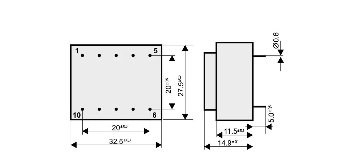 Dimensioned drawing of the 0.5VA-EI30-5 transformer: outline, mounting height, and pin layout