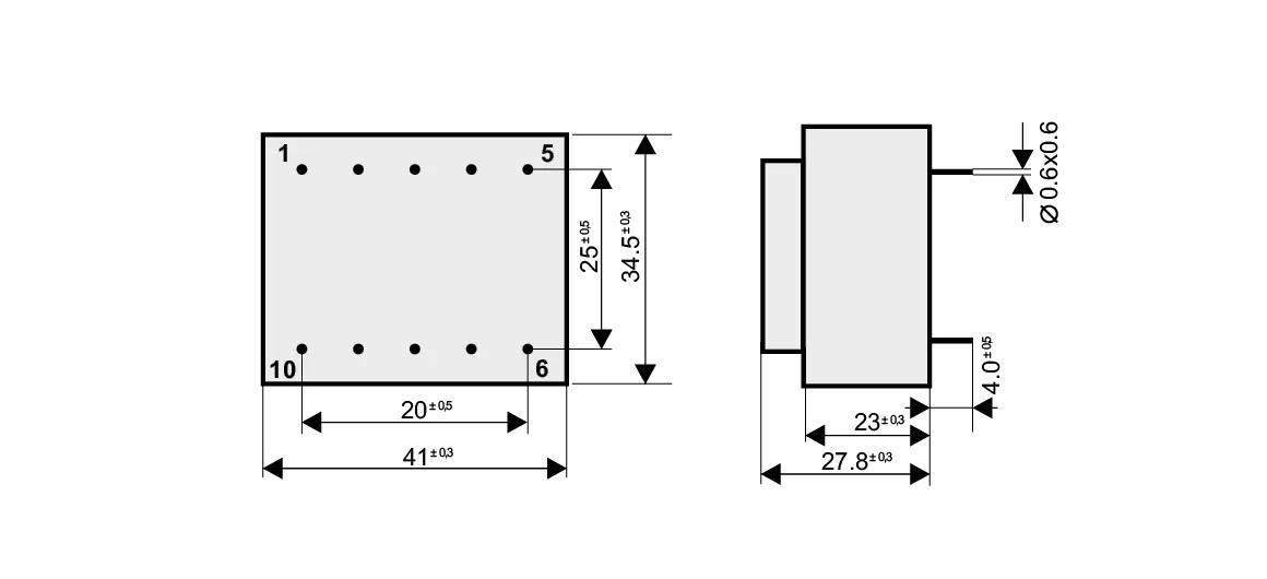 Dimensioned drawing of the 3.2VA-EI38-13.6 transformer: outline, mounting height, and pin layout