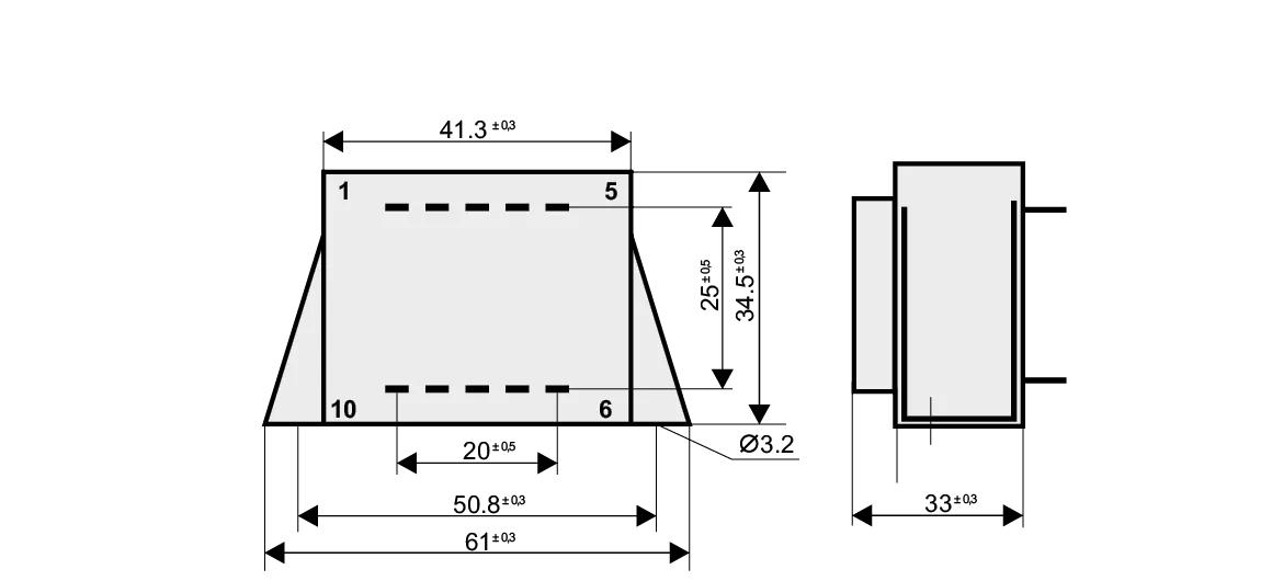 Dimensioned drawing of the 3.2VA-EI38-13.6-VL transformer: outline, mounting height, and pin layout