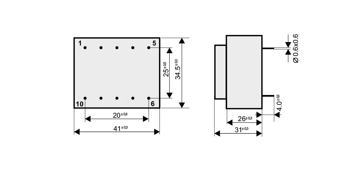 Dimensioned drawing of the 5.4VA-EI38-16.5 transformer: outline, mounting height, and pin layout