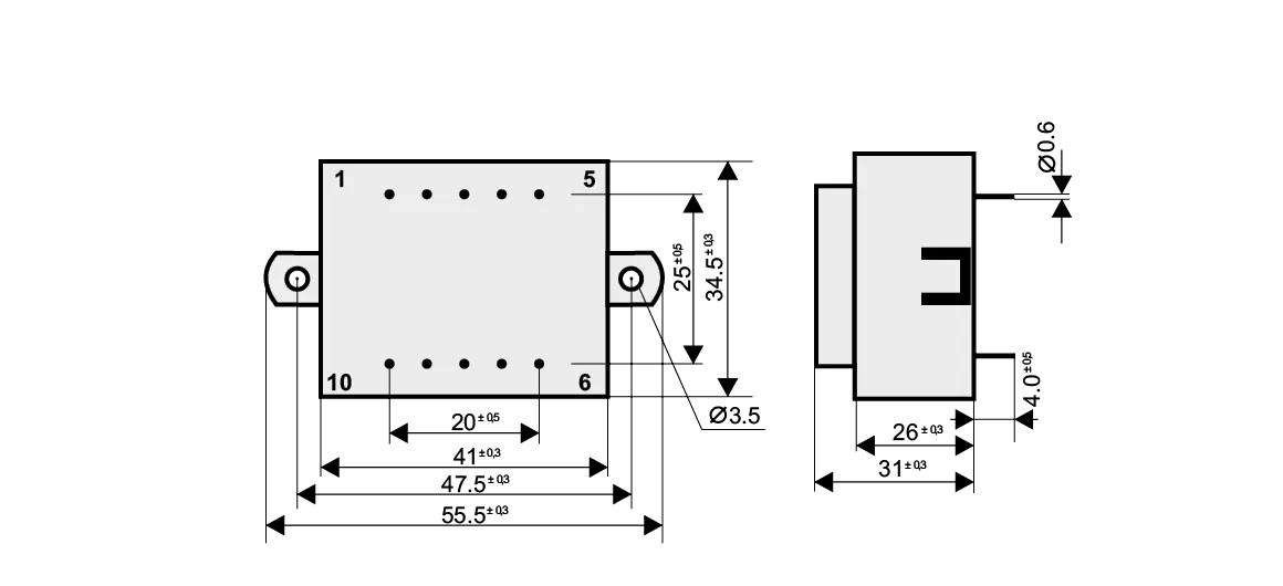 Dimensioned drawing of the 5.4VA-EI38-16.5-K transformer: outline, mounting height, and pin layout