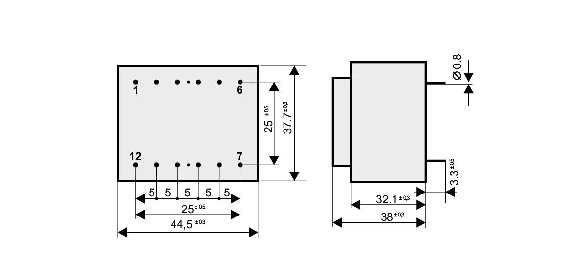 Dimensioned drawing of the 8VA-EI42-20.5 transformer: outline, mounting height, and pin layout