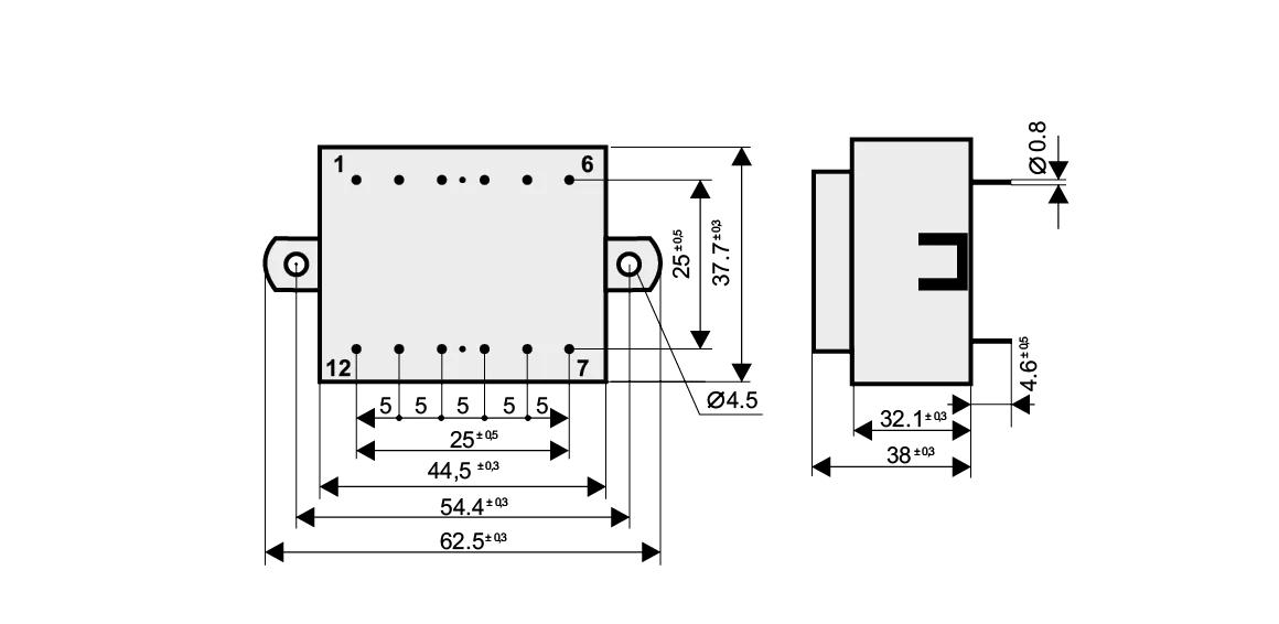 Dimensioned drawing of the 8VA-EI42-20.5-K transformer: outline, mounting height, and pin layout