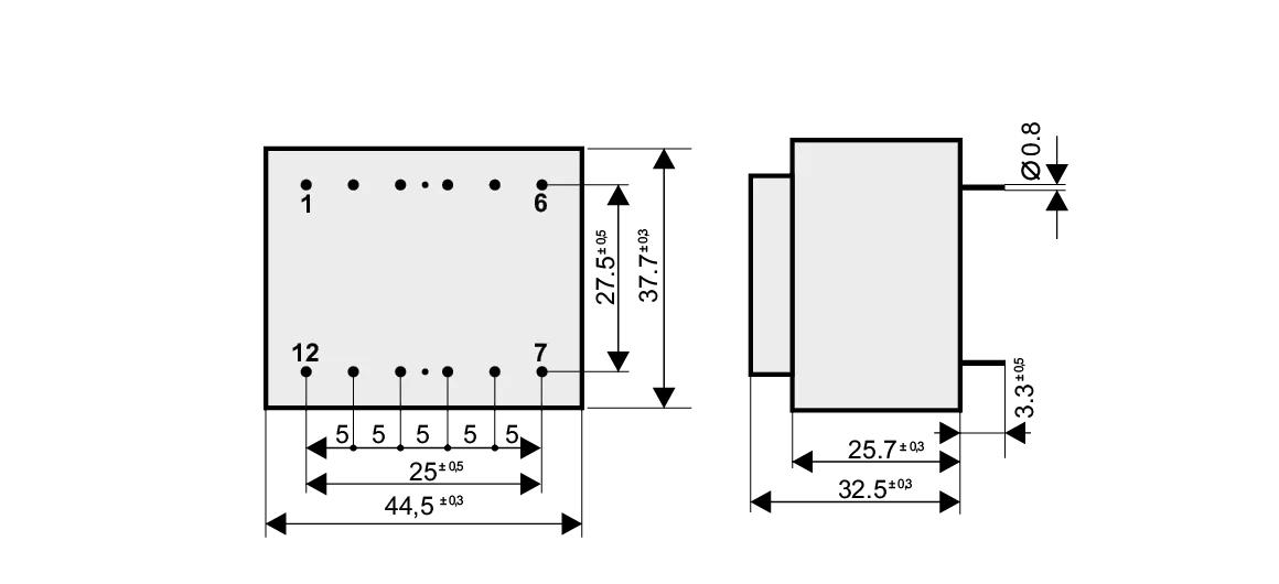 Dimensioned drawing of the 5VA-EI42-14.8 transformer: outline, mounting height, and pin layout