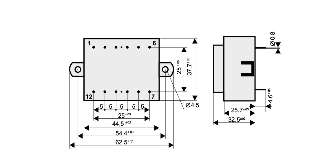 Dimensioned drawing of the 5VA-EI42-14.8-K transformer: outline, mounting height, and pin layout