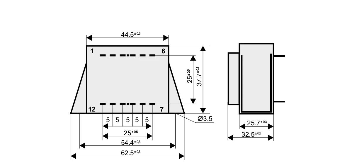 Dimensioned drawing of the 5VA-EI42-14.8-VL transformer: outline, mounting height, and pin layout