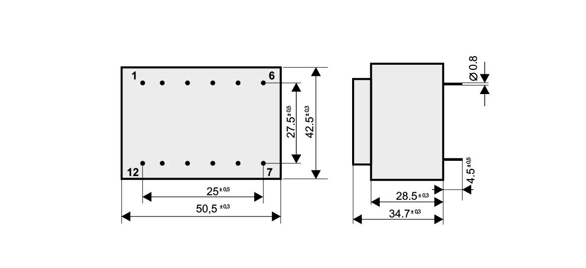 Dimensioned drawing of the 10VA-EI48-16.8 transformer: outline, mounting height, and pin layout