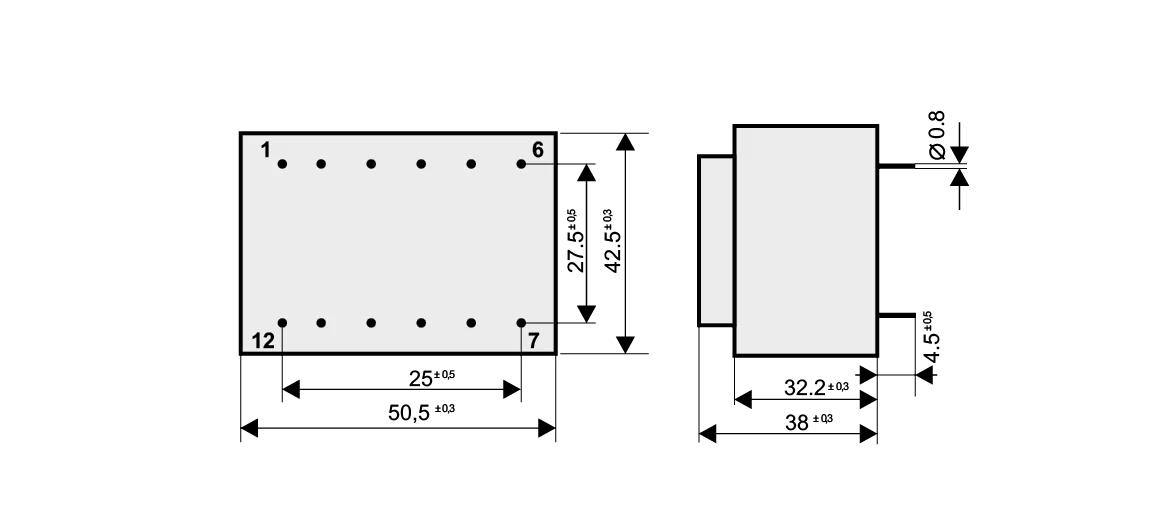 Dimensioned drawing of the 12VA-EI48-20.5 transformer: outline, mounting height, and pin layout
