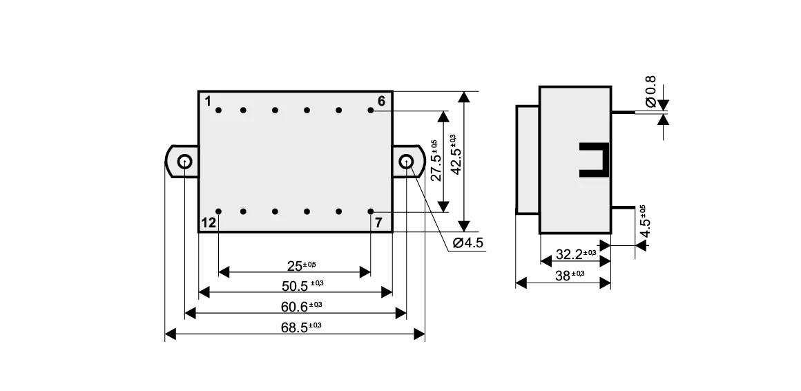 Dimensioned drawing of the 12VA-EI48-20.5-K transformer: outline, mounting height, and pin layout