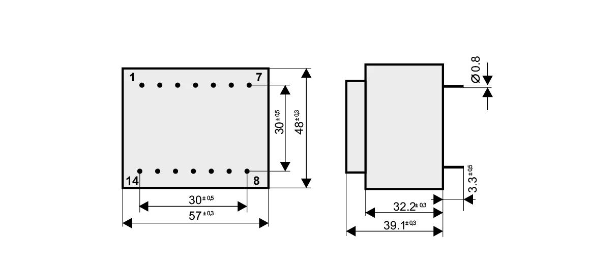 Dimensioned drawing of the 16VA-EI54-18.8 transformer: outline, mounting height, and pin layout