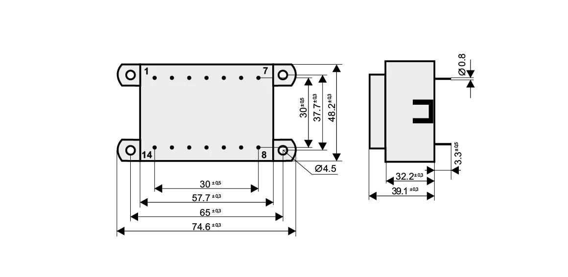 Dimensioned drawing of the 16VA-EI54-18.8-KK transformer: outline, mounting height, and pin layout