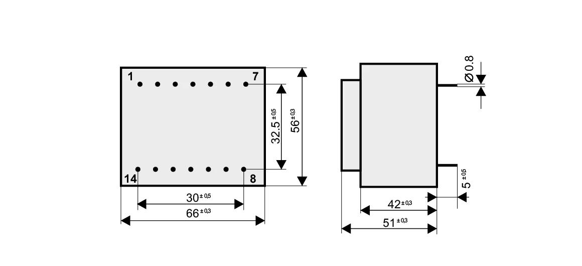 Dimensioned drawing of the 28VA-EI60-25.5 transformer: outline, mounting height, and pin layout