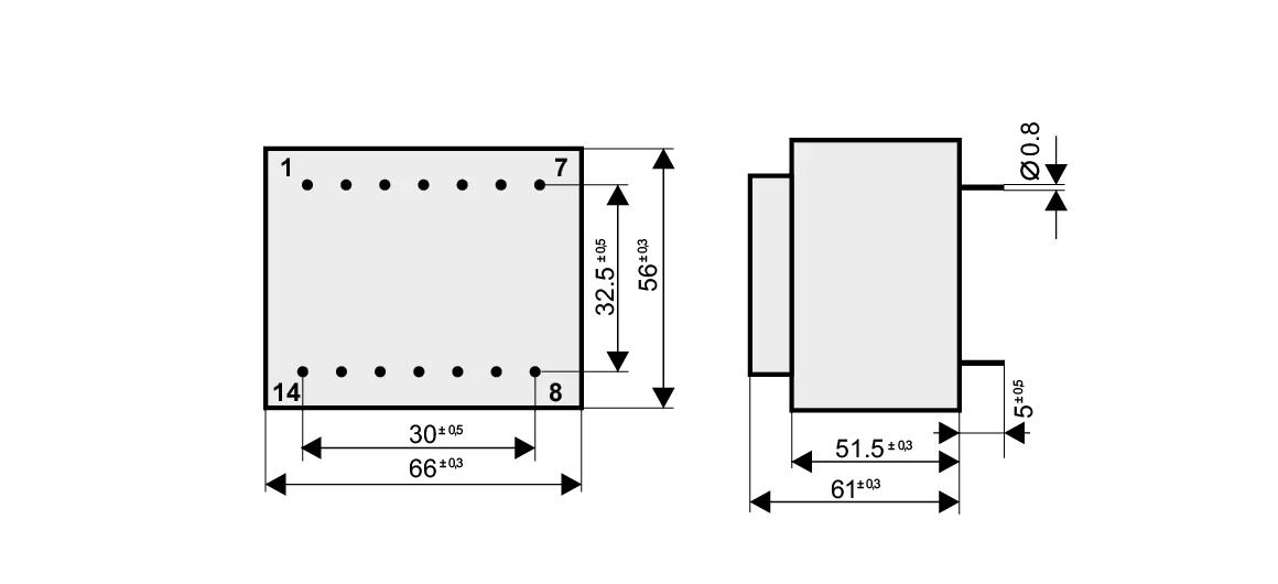 Dimensioned drawing of the 35VA-EI60-35 transformer: outline, mounting height, and pin layout