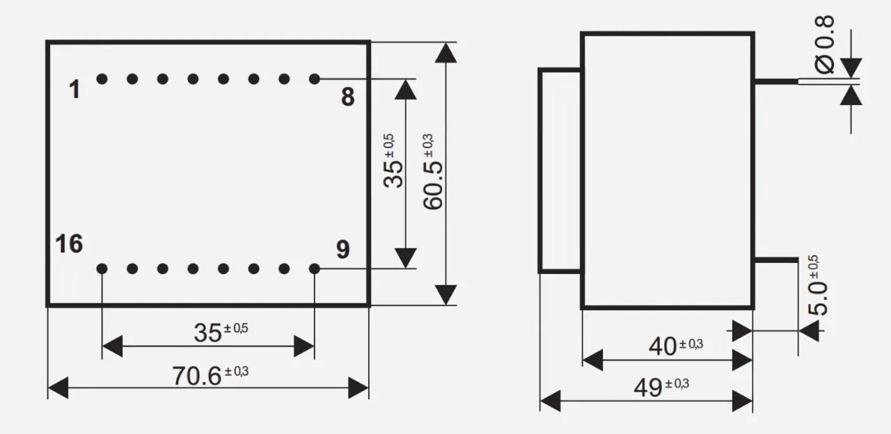 Dimensioned drawing of the 34VA-EI66-23 transformer: outline, mounting height, and pin layout