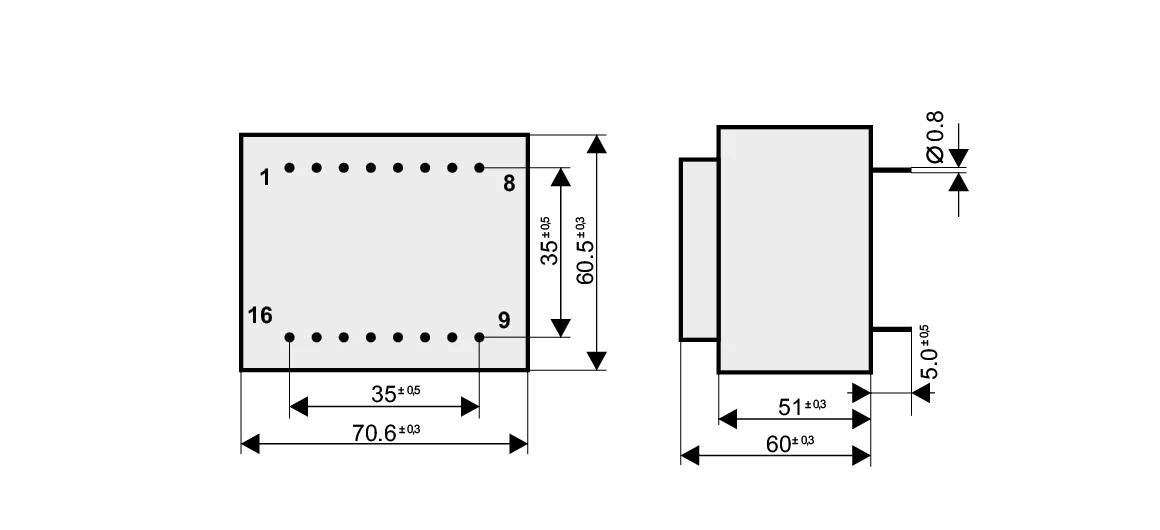 Dimensioned drawing of the 55VA-EI66-34.7 transformer: outline, mounting height, and pin layout