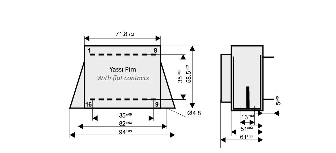 Dimensioned drawing of the 55VA-EI66-34.7-VL transformer: outline, mounting height, and pin layout