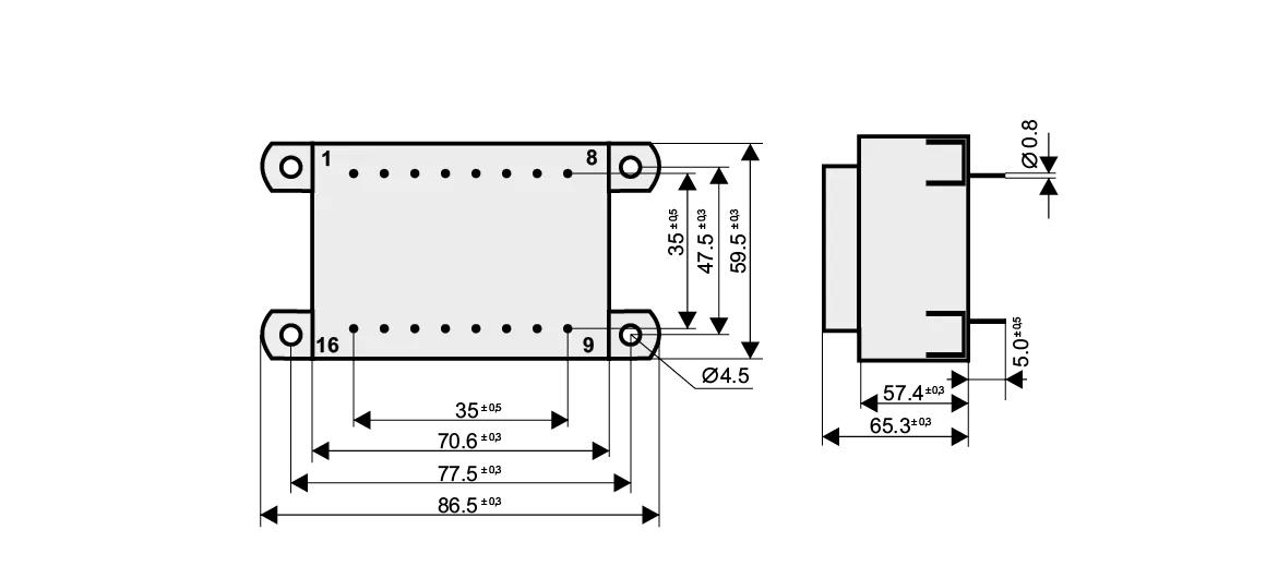 Dimensioned drawing of the 52VA-EI66-40 transformer: outline, mounting height, and pin layout