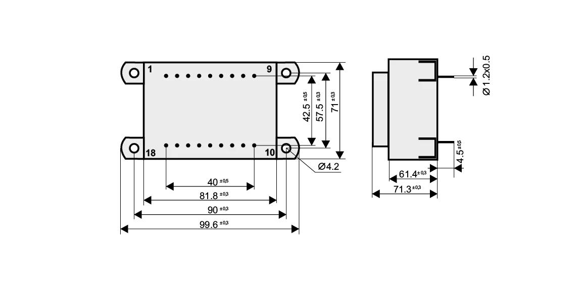 Dimensioned drawing of the 80VA-EI78-40.5-KK transformer: outline, mounting height, and pin layout