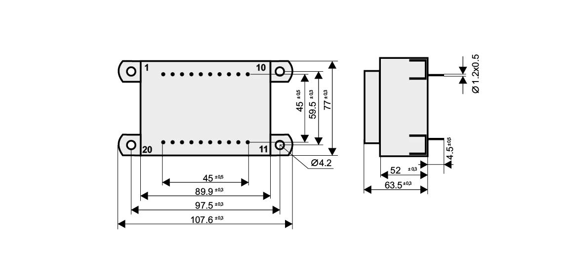 Dimensioned drawing of the 75VA-EI84-29.5-KK transformer: outline, mounting height, and pin layout