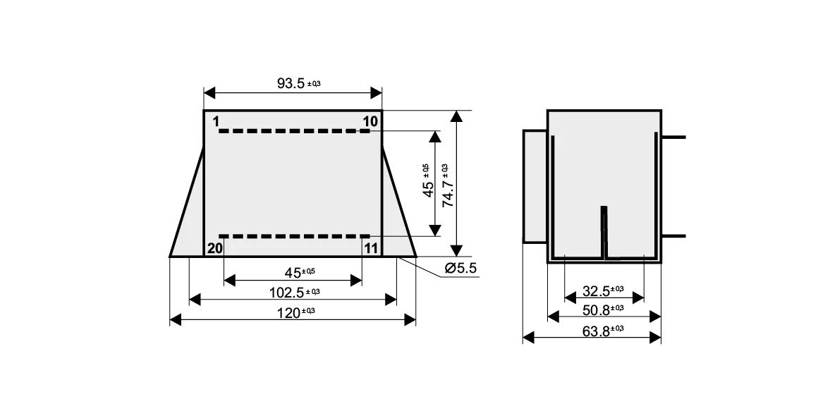 Dimensioned drawing of the 75VA-EI84-29.5-VL transformer: outline, mounting height, and pin layout