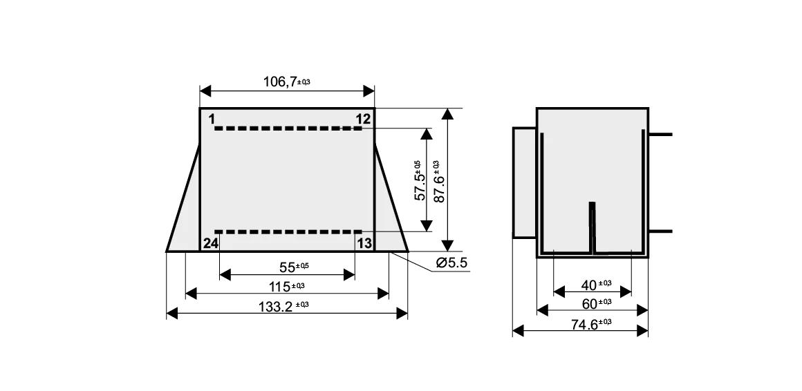 Dimensioned drawing of the 140VA-EI96-35.7-VL transformer: outline, mounting height, and pin layout