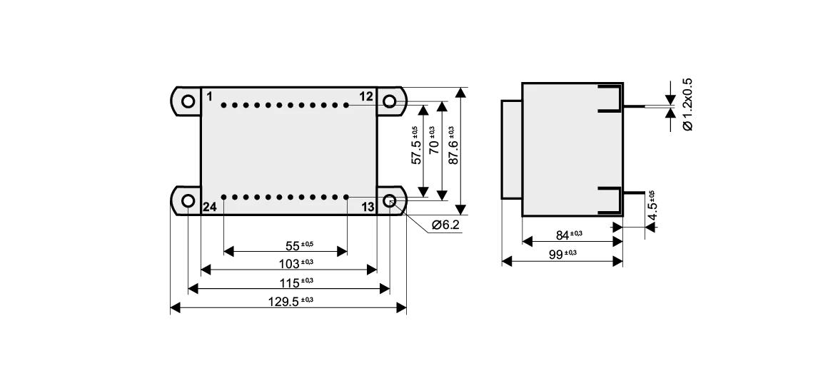 Dimensioned drawing of the 220VA-EI96-59.7-KK transformer: outline, mounting height, and pin layout
