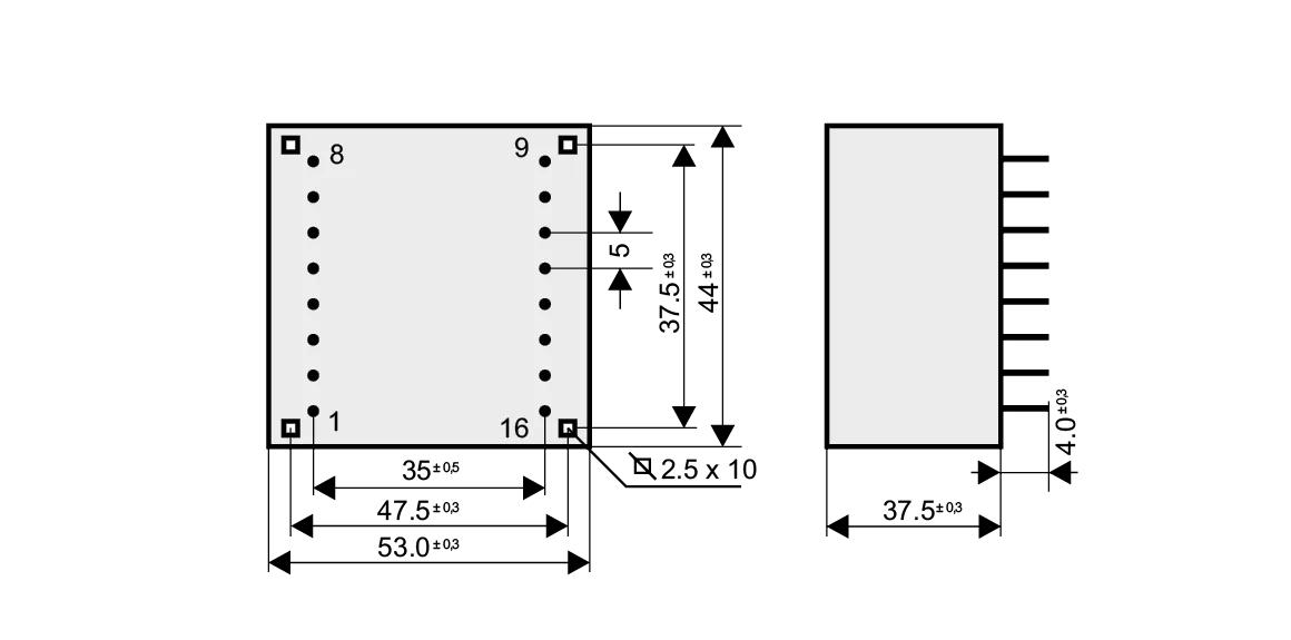 Dimensioned drawing of the 16VA-UI30-26 transformer: outline, mounting height, and pin layout