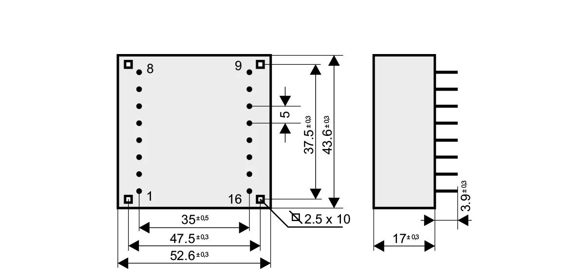 Dimensioned drawing of the 2VA-UI30-5.5 transformer: outline, mounting height, and pin layout
